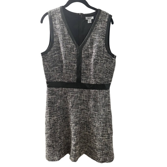 DKNY Dresses & Skirts - DKNY Women's Black Gray Tweed faux Leather Trim Mini Dress Size 12